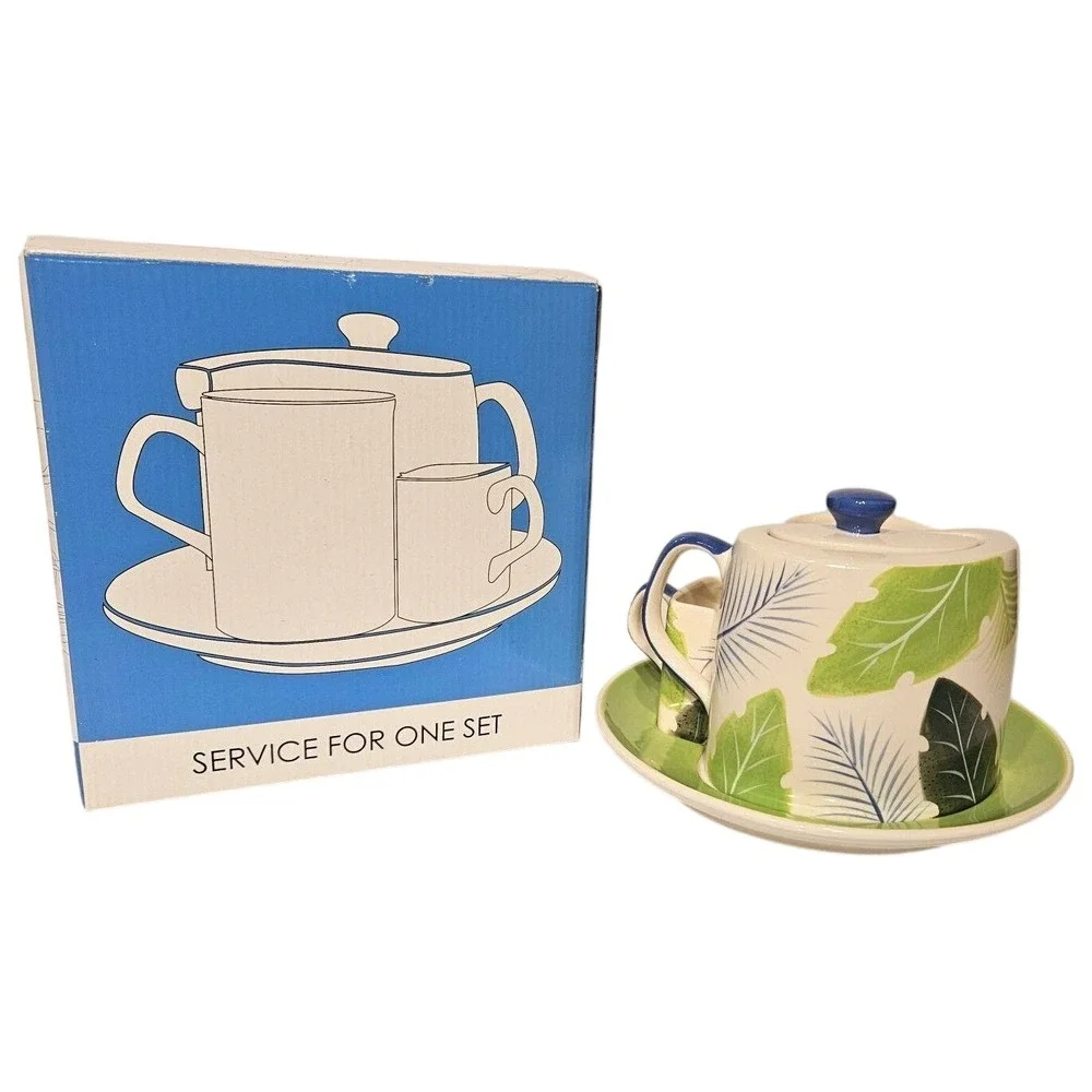 HuesNBrews Service For One‎ Tropical Leaf Ceramic Teapot Mug Creamer Set 403-373